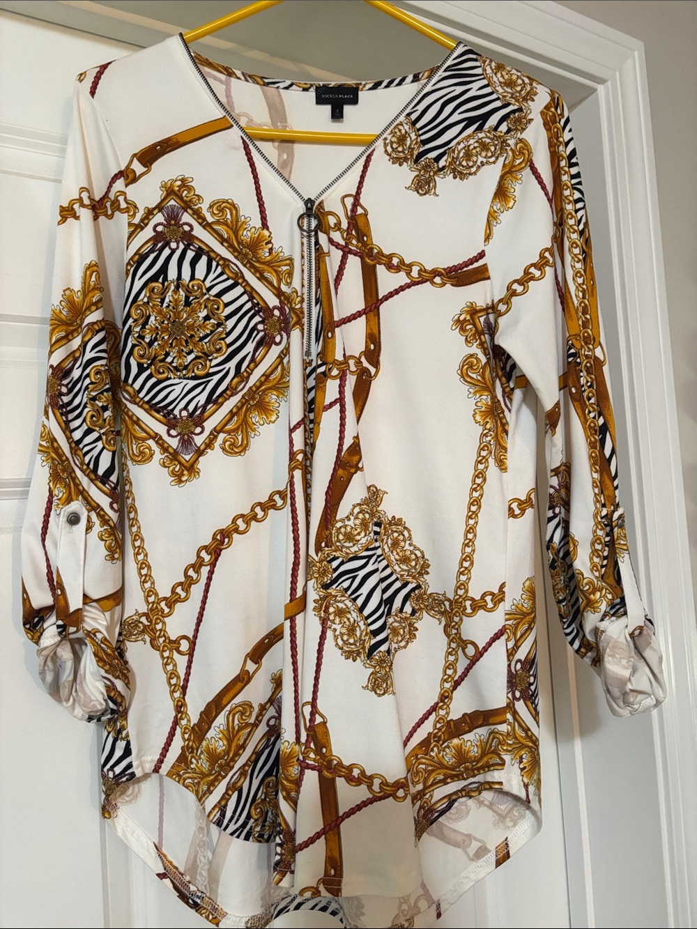 BUCKLE (black) White tunic with Gold Chain and Black Zebra Accents size small